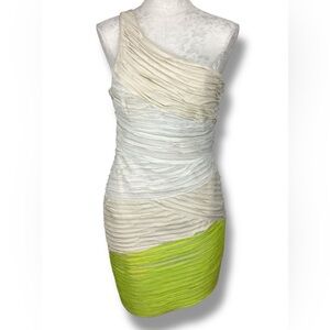 Bebe Chartreuse Ivory Ombré One Shoulder Ruched Ruffle Wiggle Textured